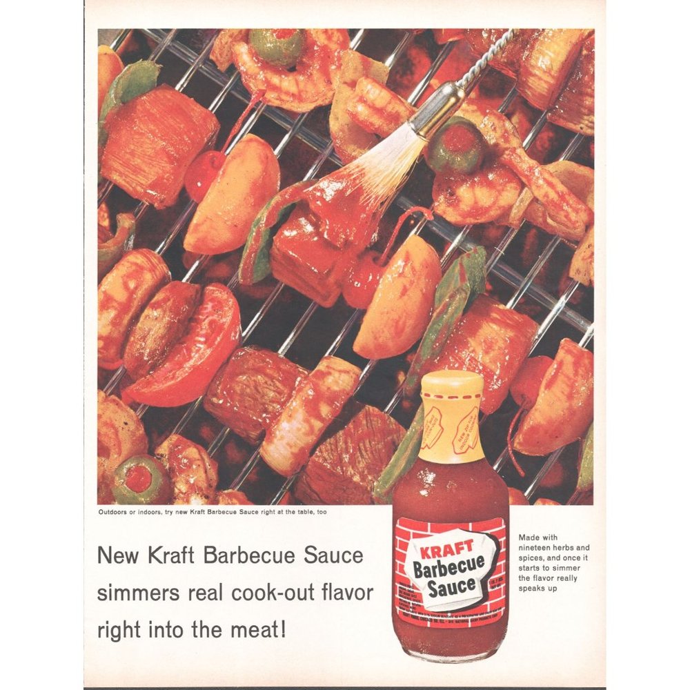 1961 Kraft Barbecue Sauce Bottle Vintage Print Ad BBQ Grill Kabobs Skewers Art